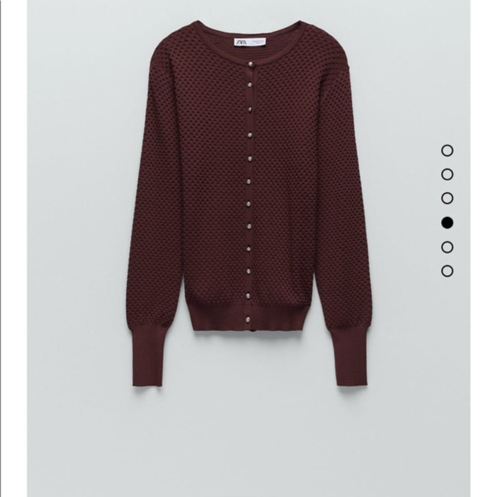 Zara Burgundy Knit Jewel Rhinestones Buttons Textured Cardigan, NWT, M - Picture 6 of 14